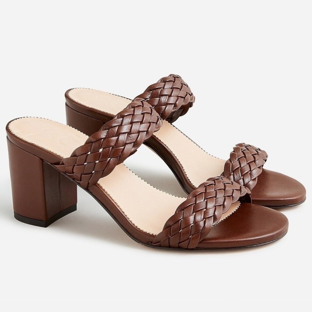 J. Crew Women’s Lucie Brown Woven Braided Leather Slip On Heeled Sandals Classic